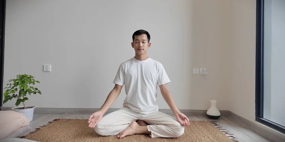 Tâm Đức An ngồi thiền thực hành thở 4-7-8 trong không gian yên tĩnh