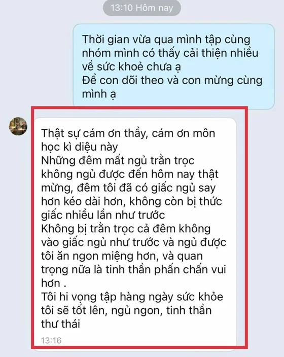 Học viên nhắn tin chia sẻ ngủ ngon hơn và tinh thần phấn chấn hơn sau thời gian tập